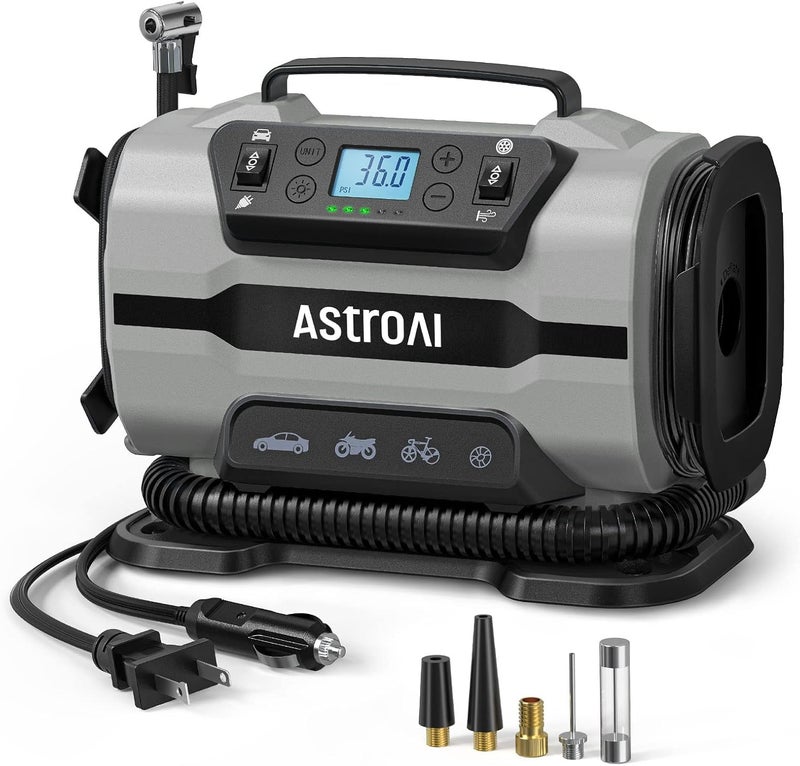 AstroAI Tire Inflator Portable Air Compressor Pump 150PSI 12V DC/110V AC with Dual Metal Motors&LED Light, Automotive Car Accessories&Two Modes for Car, Bicycle Tires and Air Mattresses, Gray - Image 1